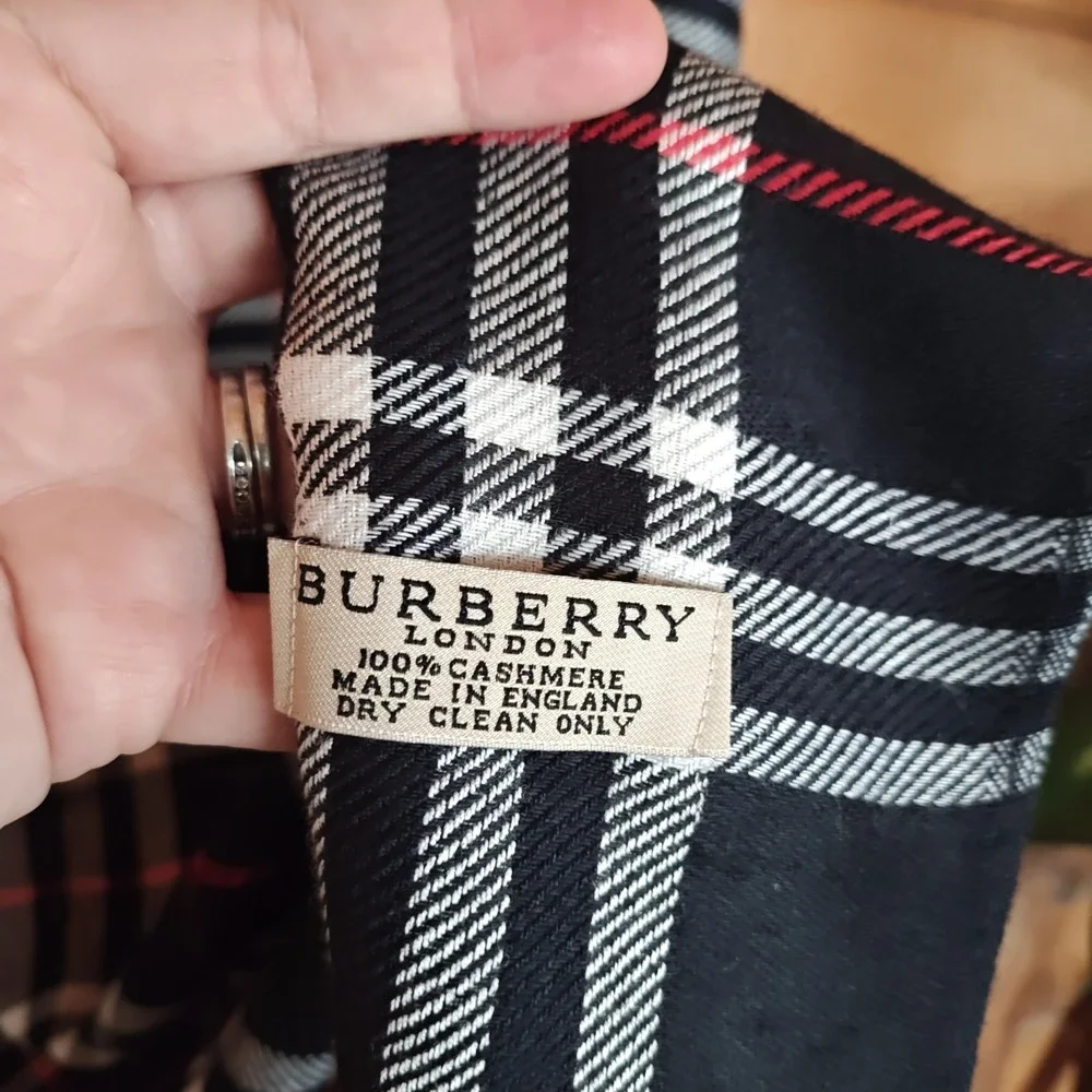 Burberry Nova Check Scarf Stole Muffler Black 100% Cashmere England Embroidered